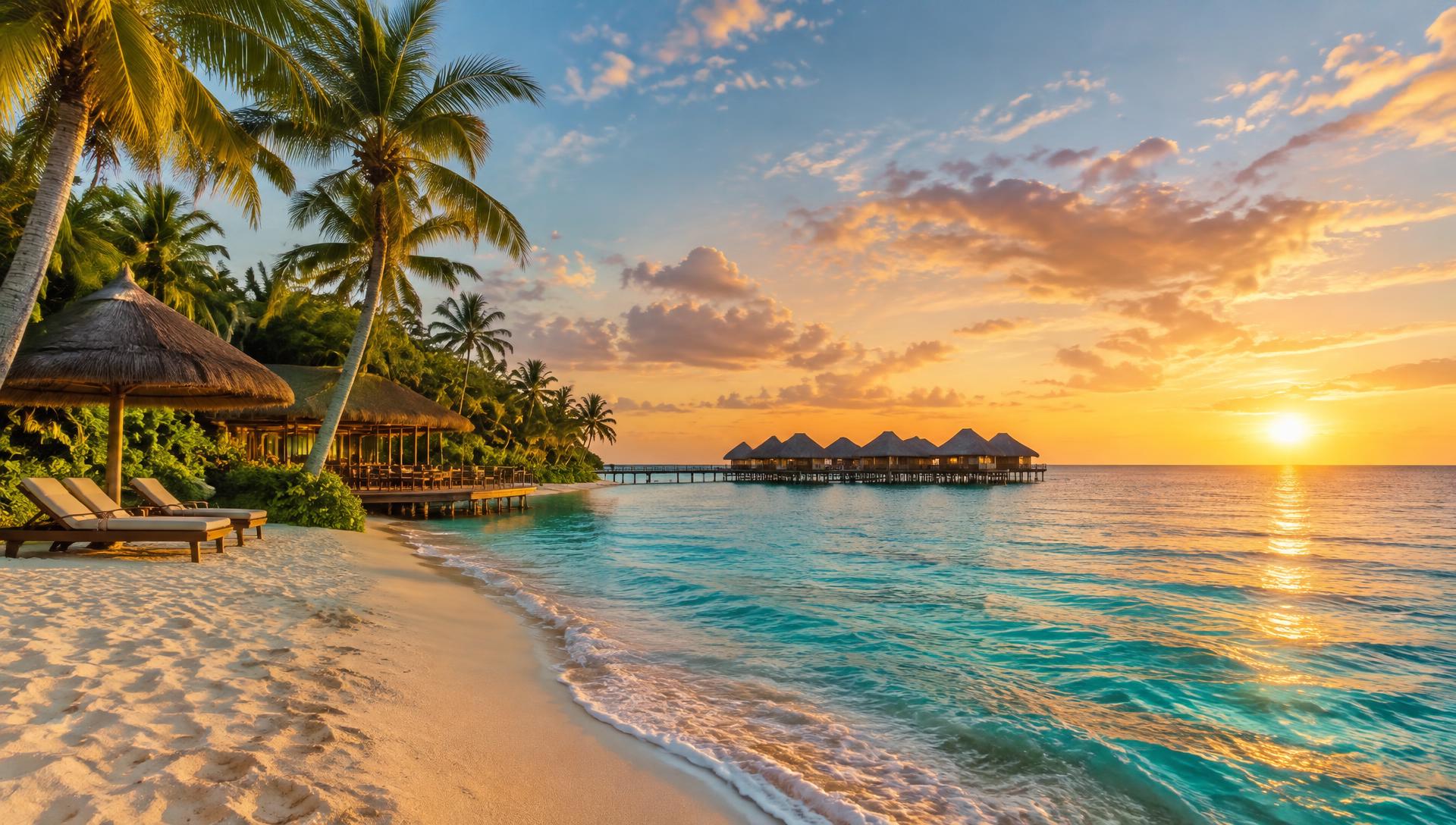 Tropical beach resort at sunset